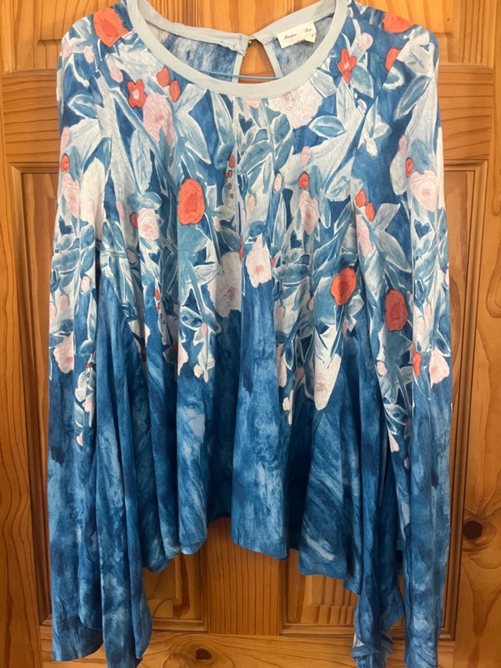 Meadow Rue Blue Floral Long-Sleeve Tunic with Coral Accents (Linen/Cotton blend)